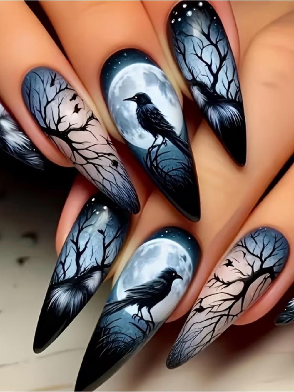 Midnight Raven Press-On Nails — Black and Gray Gothic Nail Art